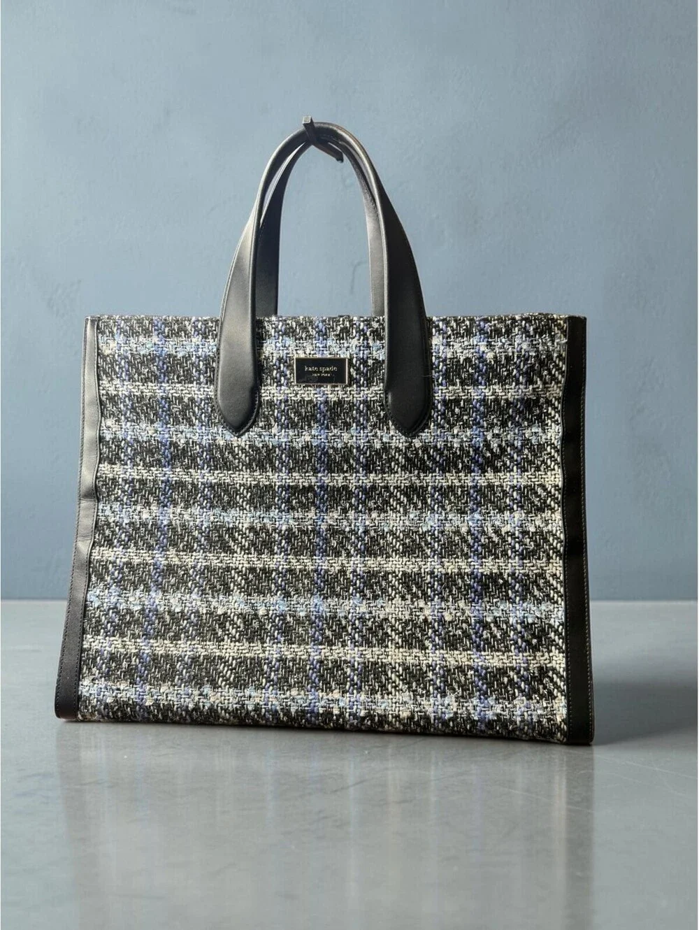 Kate Spade Manhattan Plaid Tweed Large Tote Black Blue Leather KI580 Crossbody
